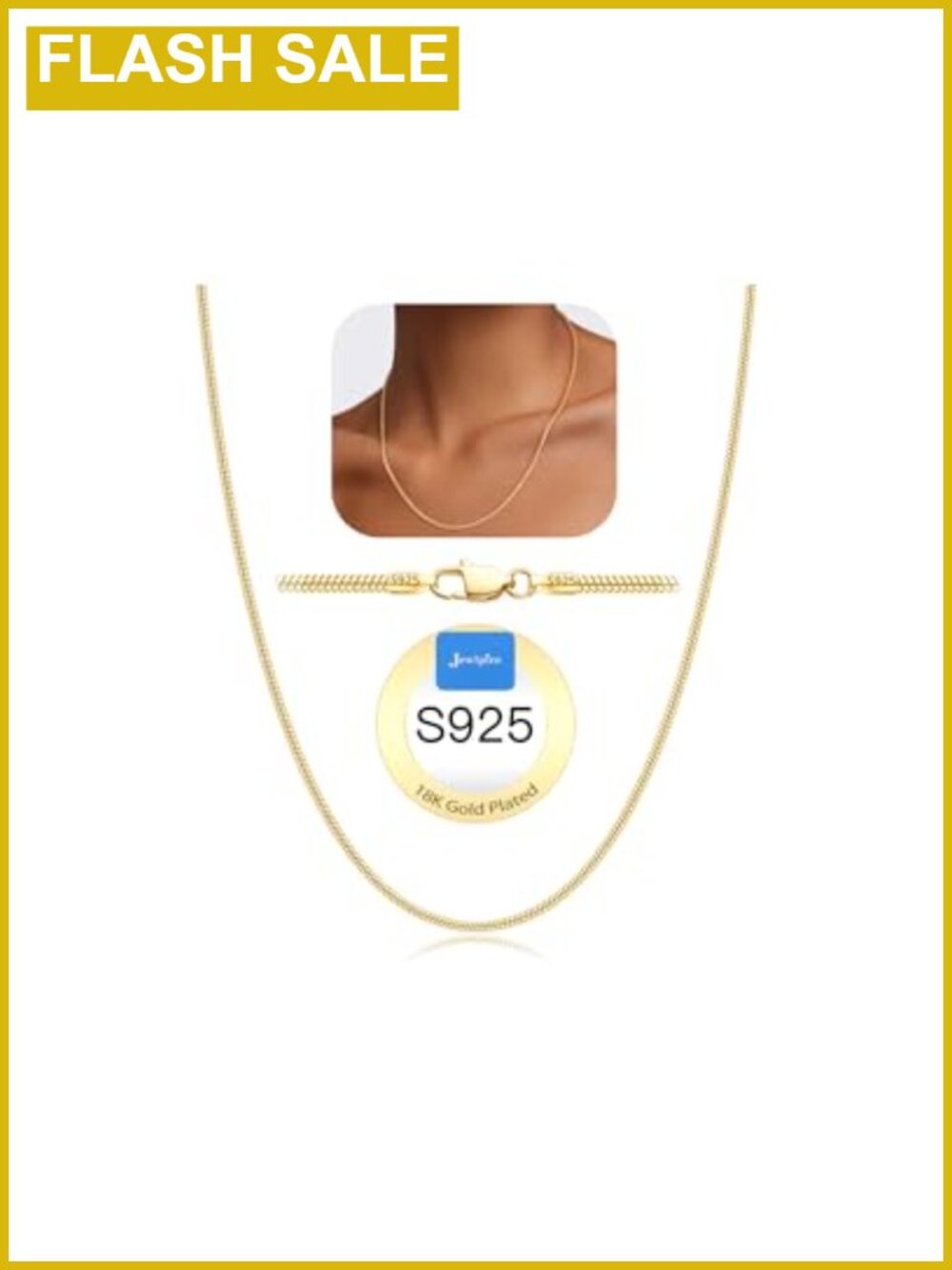 1.5mm Snake Chain 18k Gold Plated 925 Sterling Silver Necklace 16 Inch